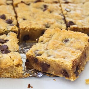 Toffee Chocolate Chip bars cut into squares.