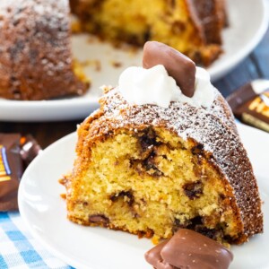 Bundt Cake with chopped heath bars and milk chocolate chips