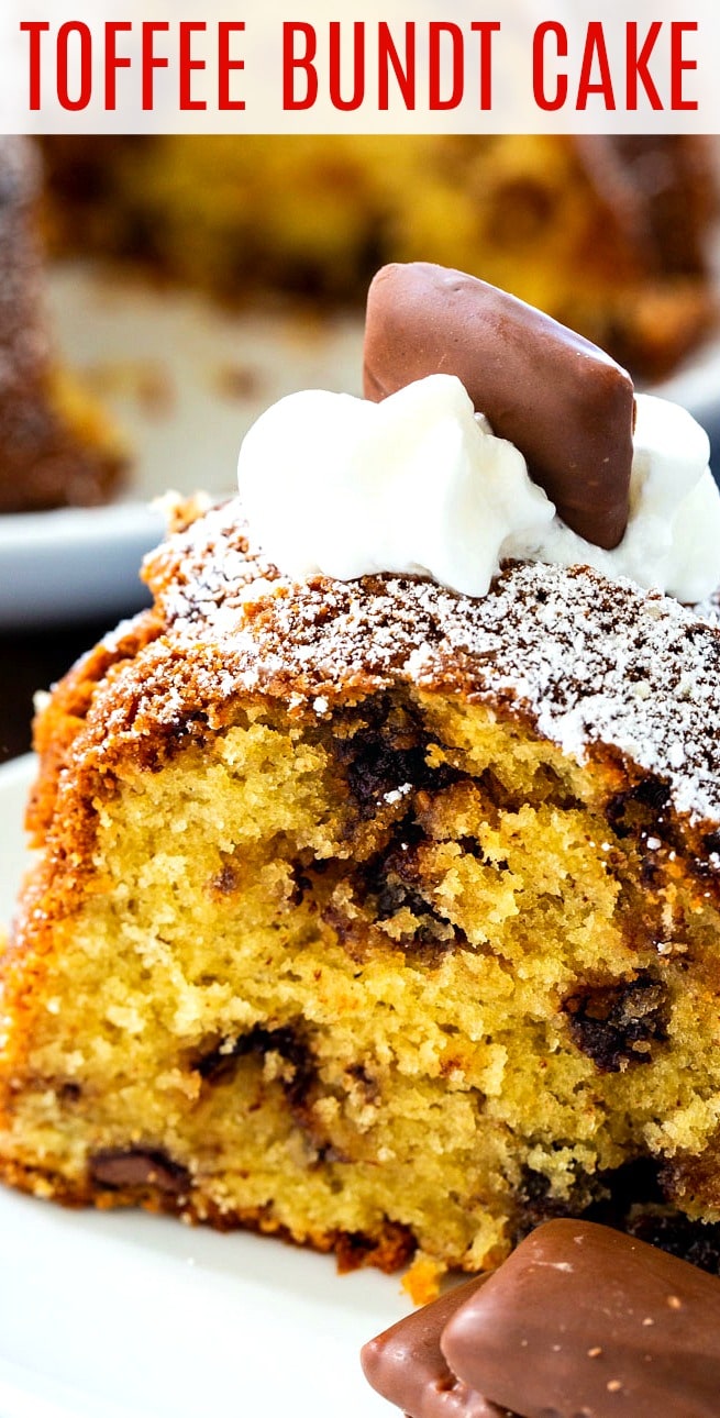 Toffee Bundt Cake with chopped Heath bars and chocolate chips