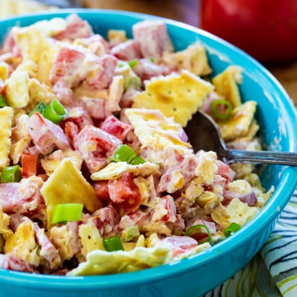 Tomato Cracker Salad in a light blue bowl.