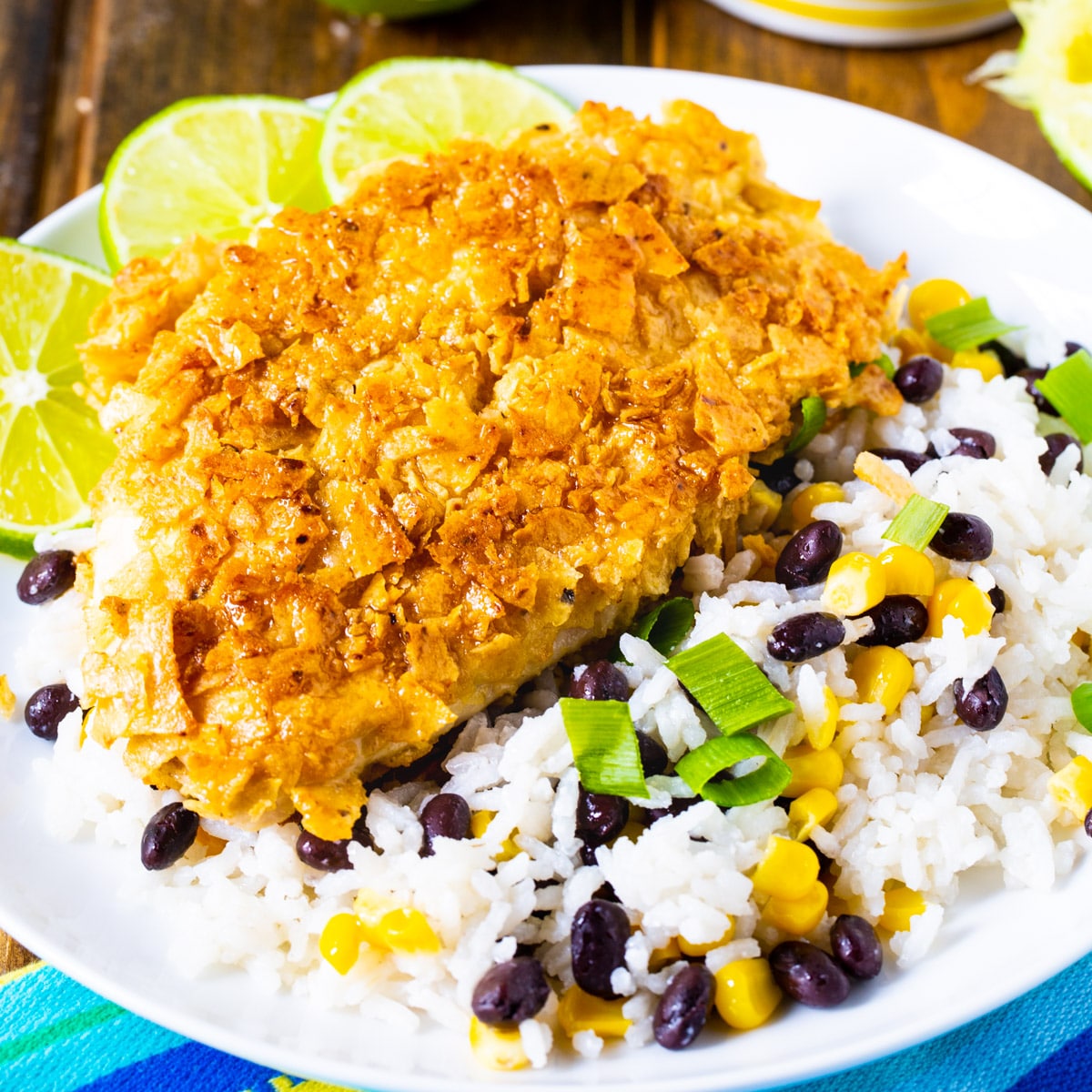 Tortilla Crusted Chicken with Coconut Rice