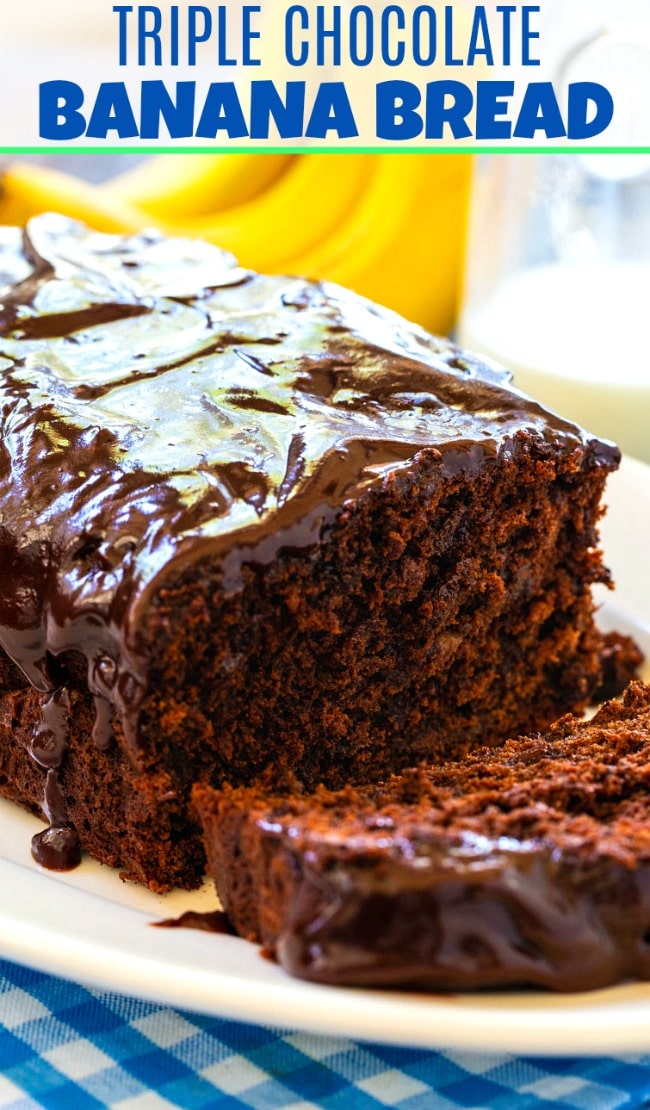 Chocolate Banana Bread with glaze on a white serving platter.