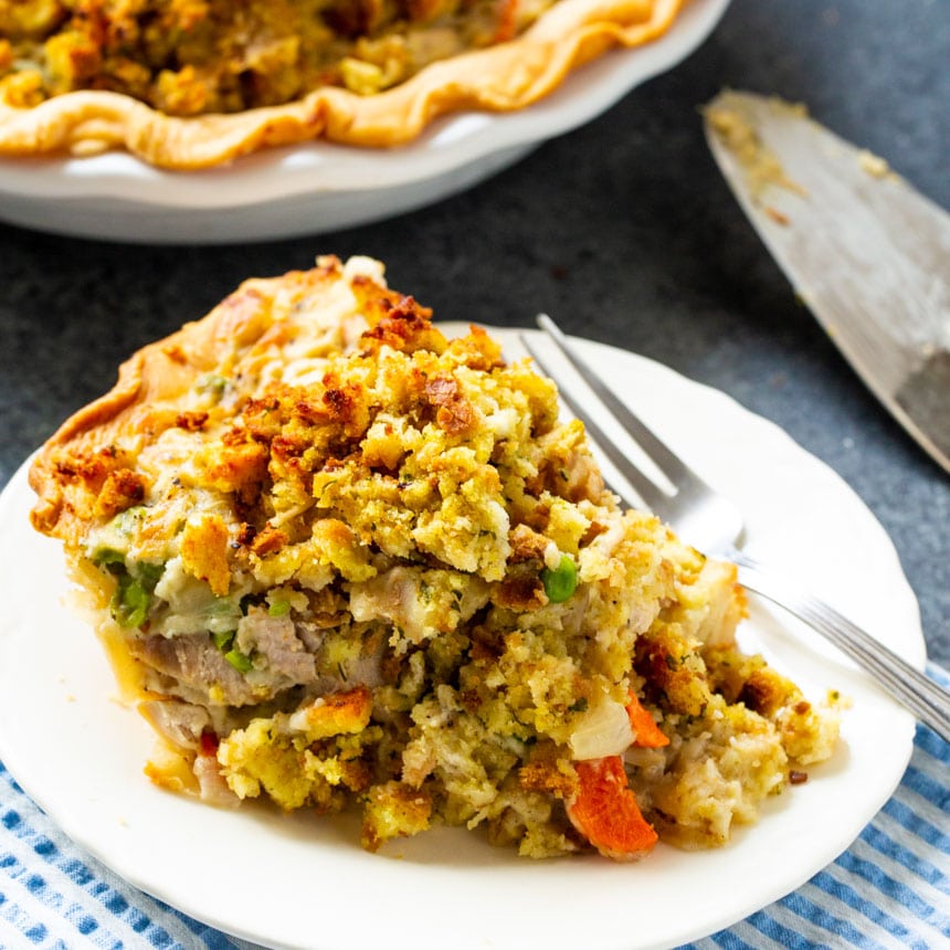 Slice of pot pie on white plate.