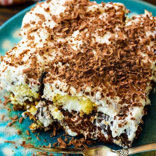 Slice of Twinkie Tiramisu on a plate.