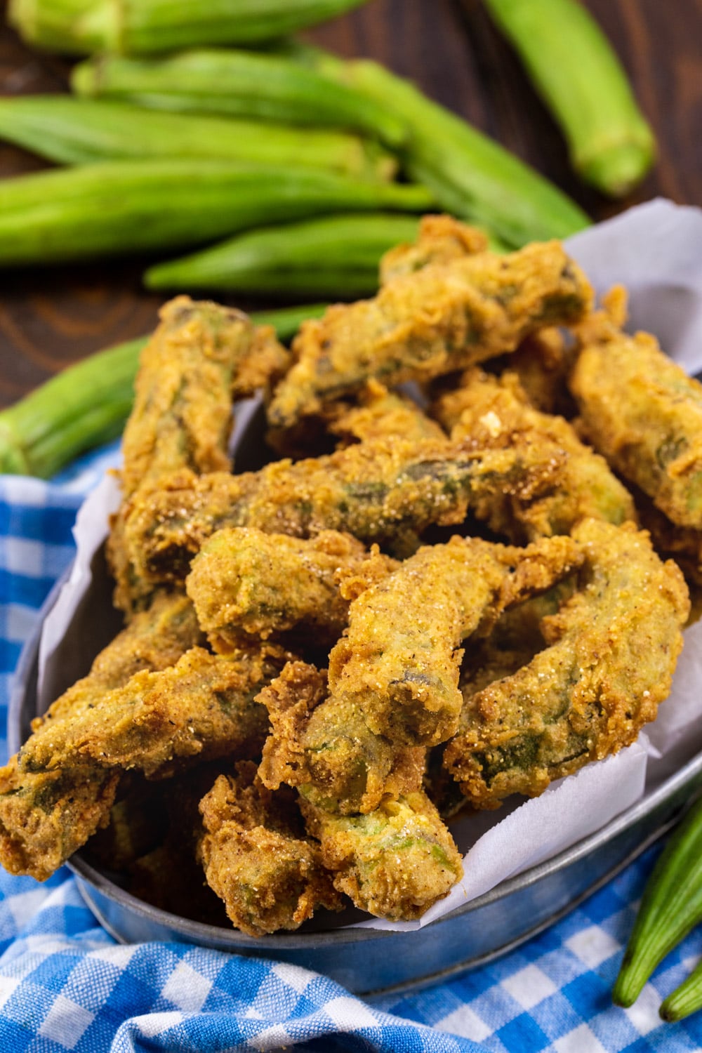 Fried Okra in a metal tin.