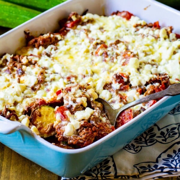 Zucchini Moussaka in a casserole dish.