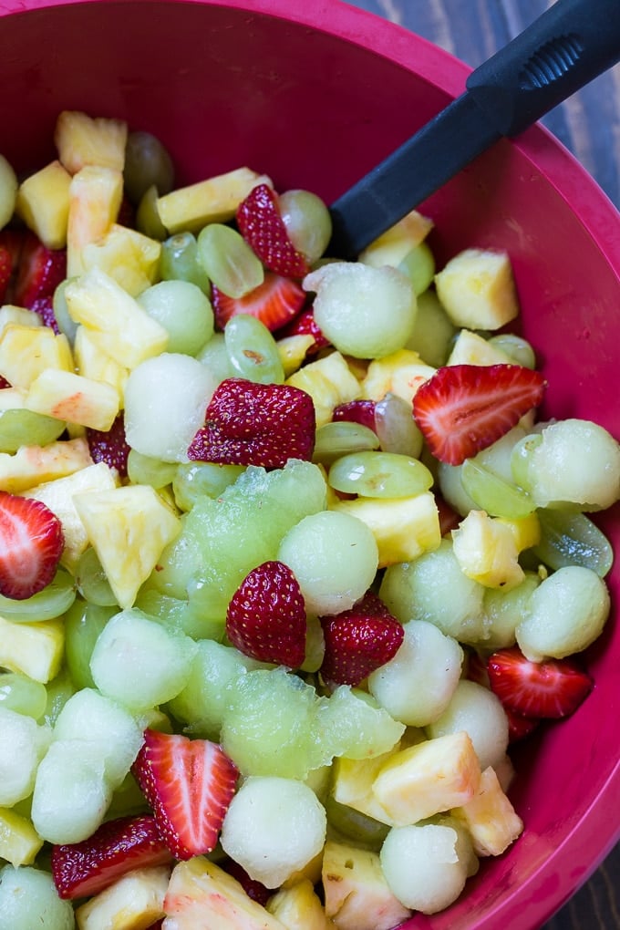 Amaretto Fruit Salad with pineapple, strawberries, and honeydew