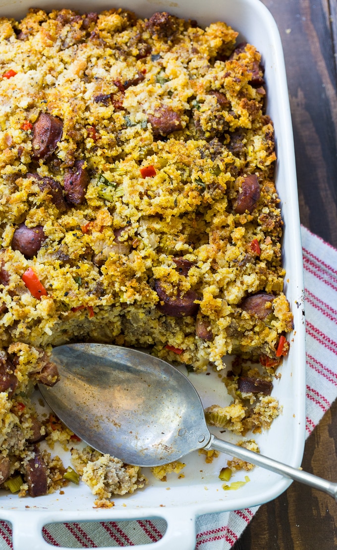 Andouille Sausage and Cornbread Stuffing is spicy and full of 2 kinds of sausage.