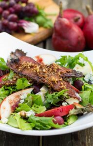 Apple and Pear Salad with Maple Pecan Bacon and Cranberry Vinaigrette. Such a delicious fall salad!