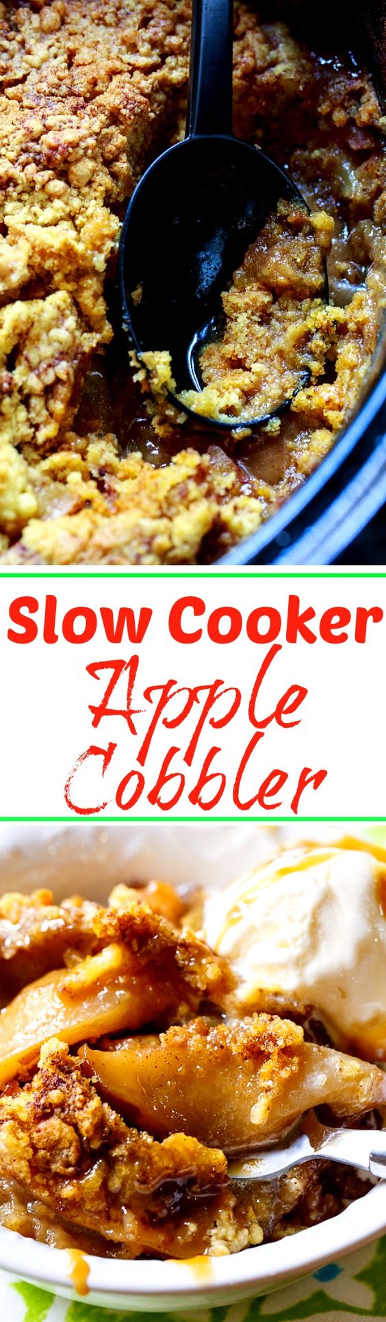 Slow Cooker Apple Cobbler. Only a few ingredients needed to make this delicious fall dessert!
