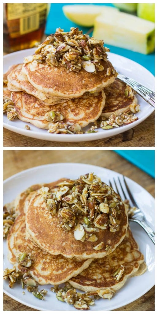 Healthy Whole Wheat Apple Pancakes with a Nutty Topping collage.