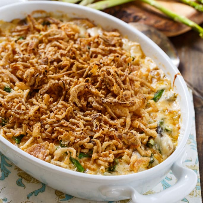 Super creamy Asparagus Casserole with a french-fried onion topping.