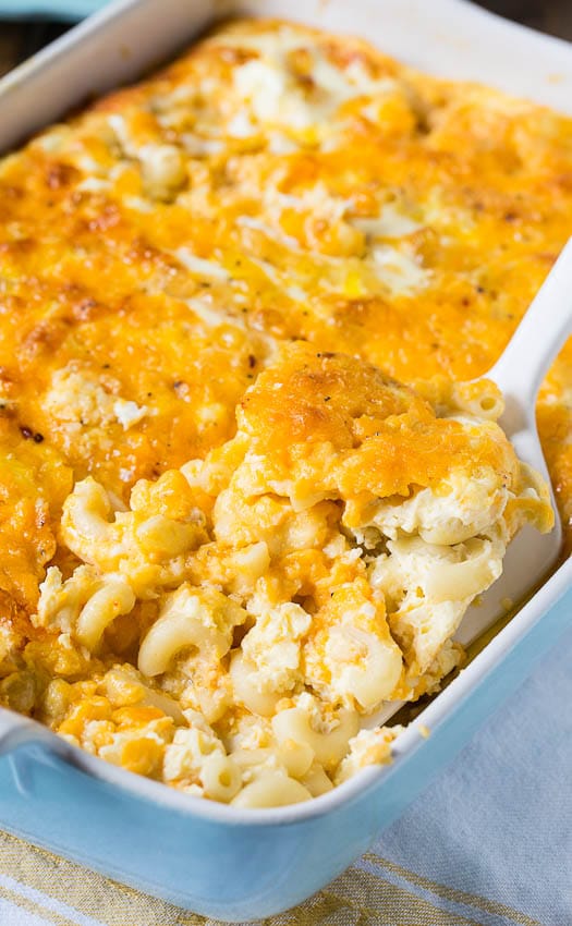 Baked Custard-Style Mac and Cheese in a baking dish.