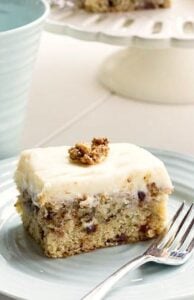Banana Cake with Cream Cheese Frosting and chocolate chips.