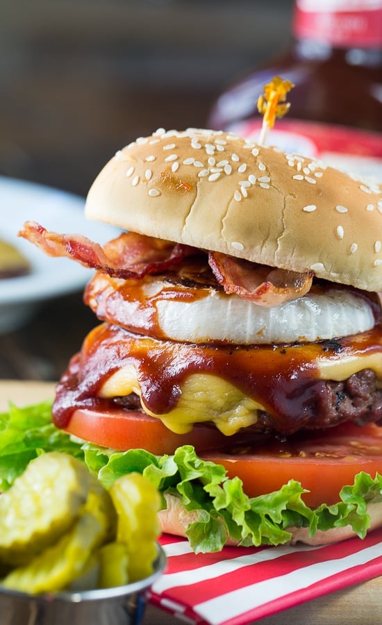 Western Barbecue Burger with grilled onions, barbecue sauce, and bacon.