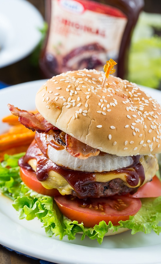 Western Barbecue Burger with grilled onions, barbecue sauce, and bacon.