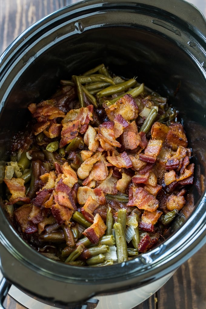 BBQ Green Beans cooked in the slow cooker.
