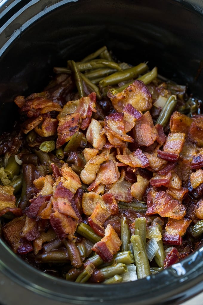 BBQ Green Beans slow cooked with lots of bacon.