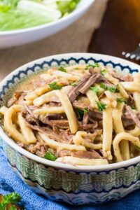 Beef and Noodles cooked in a crock pot. Perfect comfort food for the cooler weather.