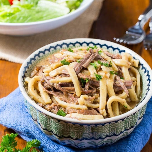 Beef and Noodles cooked in a crock pot. Perfect comfort food for the cooler weather.