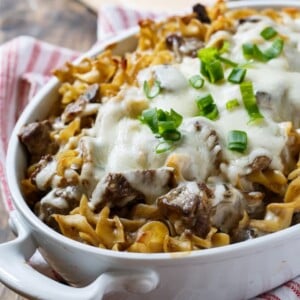 Beef Stroganoff Casserole- a creamy casserole with all the flavor of beef stroganoff plus melted mozzarella cheese on top.