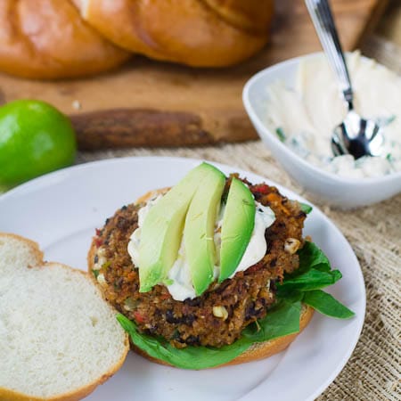 Grateful Dead Black Bean Burger topped with Cilantro Lime Mayonnaise and avocado.