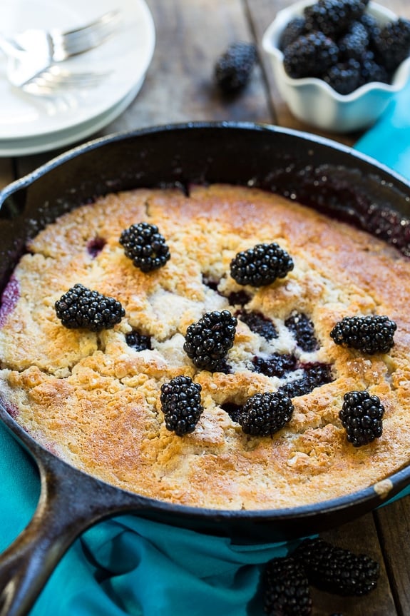 Easy Skillet Blackberry Cobbler. Serve warm with vanilla ice cream for the perfect summer dessert.