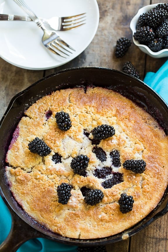 Easy Skillet Blackberry Cobbler. Serve warm with vanilla ice cream for the perfect summer dessert.