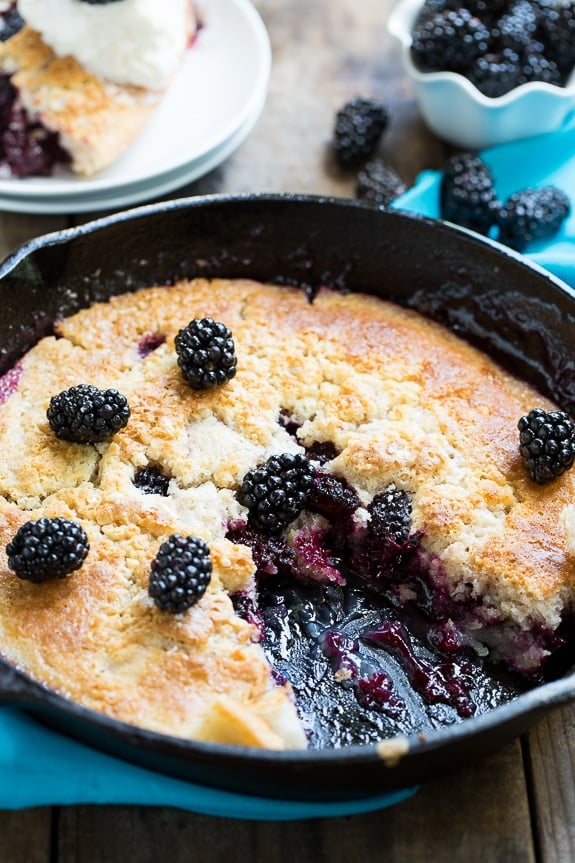 Easy Skillet Blackberry Cobbler. Serve warm with vanilla ice cream for the perfect summer dessert.