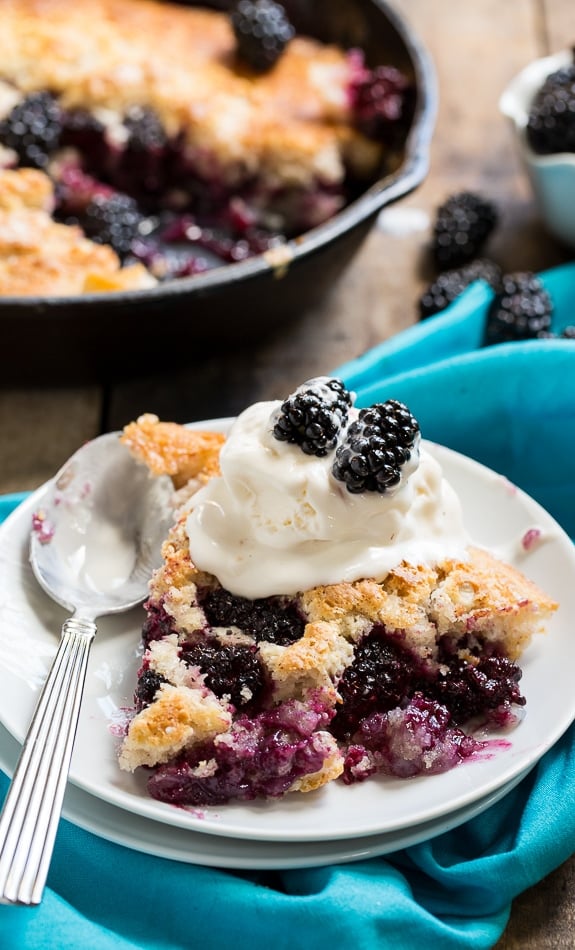 Easy Skillet Blackberry Cobbler. Serve warm with vanilla ice cream for the perfect summer dessert.