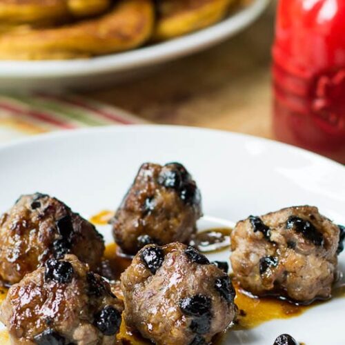 These Breakfast Sausage balls are studded with dried blueberries and drenched in maple syrup for an unexpectedly delicious breakfast addition.