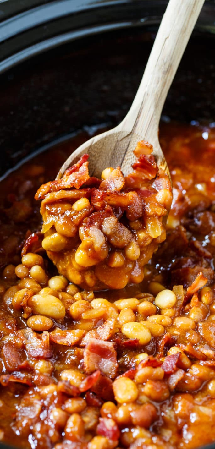 Slow Cooker Bourbon Baked Beans - Spicy Southern Kitchen