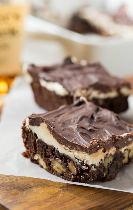 Double Frosted Bourbon Brownies with walnuts