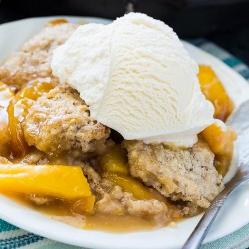 Skillet Bourbon Peach Cobbler with Cinnamon Sugar Dumplings - Spicy ...