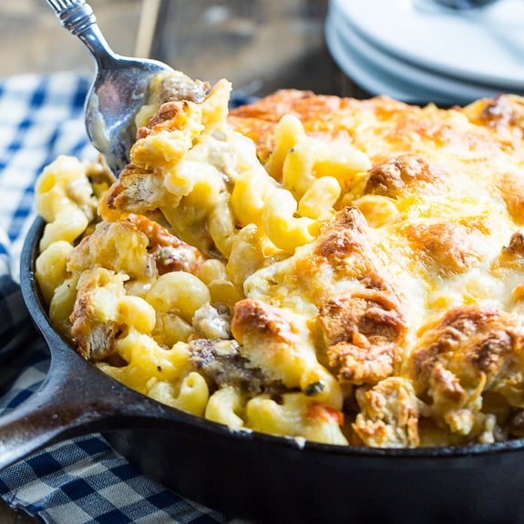 Breakfast Mac and Cheese with lots of sausage and crumbled biscuits.