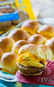 Easy Breakfast Sliders wit Sausage, egg, and cheese.