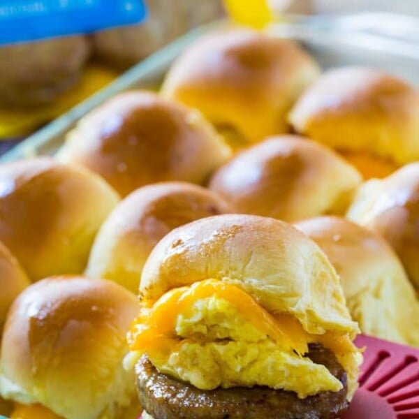 Easy Breakfast Sliders wit Sausage, egg, and cheese.