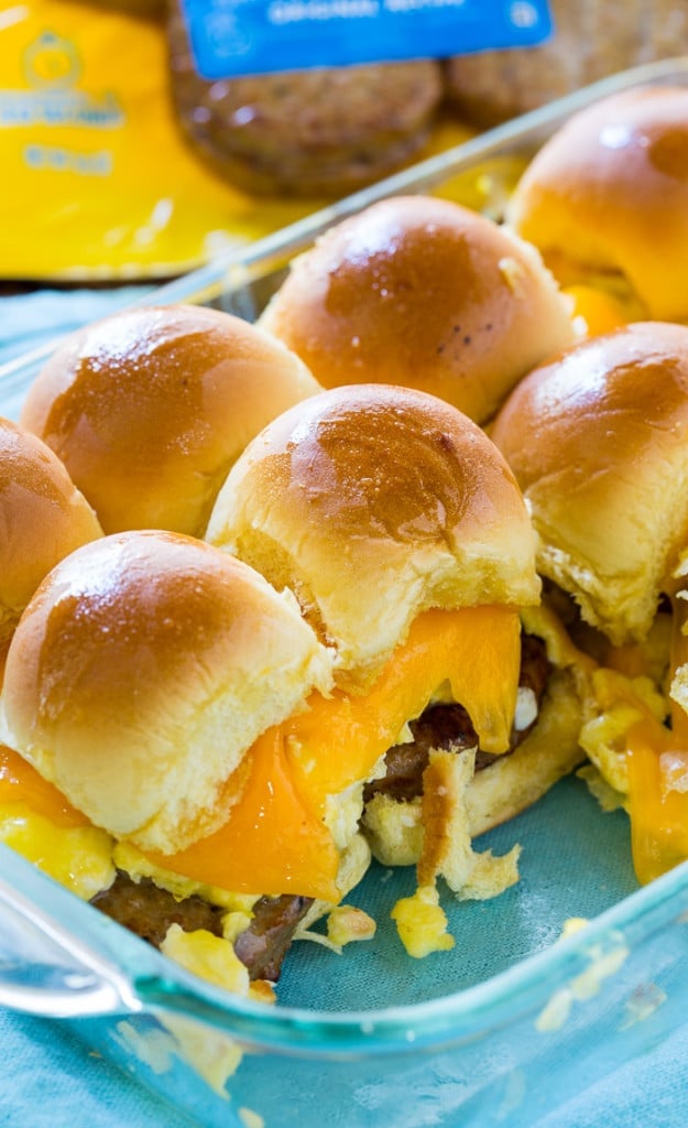 Easy Breakfast Sliders with sausage, egg, and cheese.
