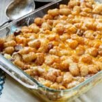 Breakfast Tater Tot Casserole with sausage and cheddar cheese.