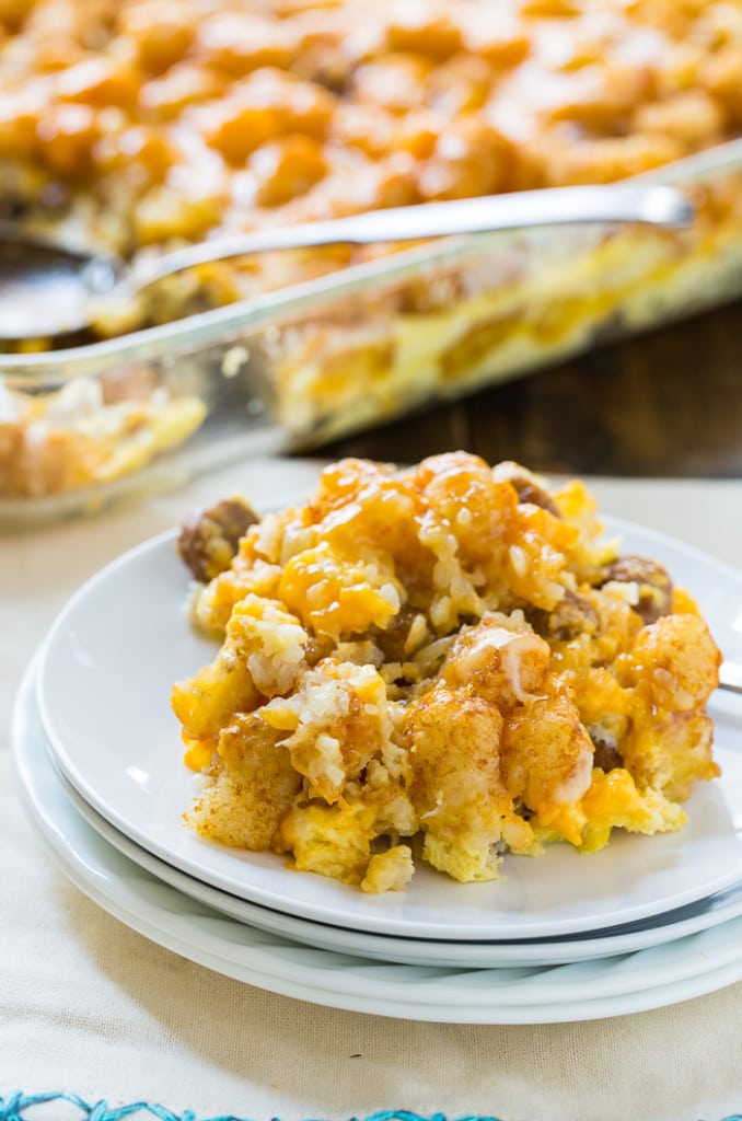 Breakfast Tater Tot Casserole with sausage and cheddar cheese.