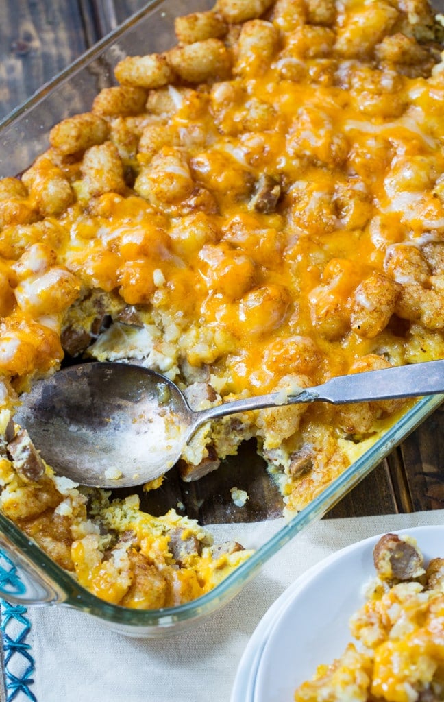 Breakfast Tater Tot Casserole with sausage and cheddar cheese.