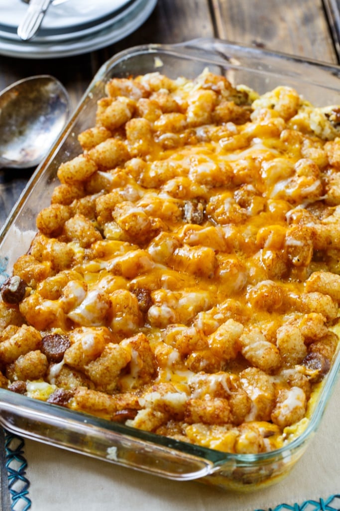 Breakfast Tater Tot Casserole with sausage and cheddar cheese