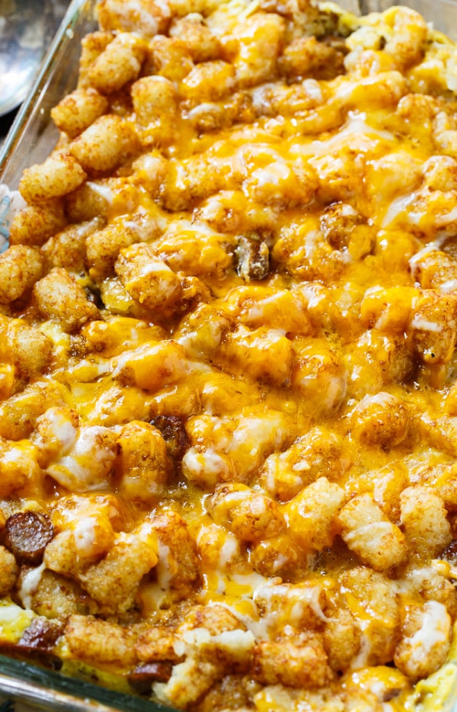 Breakfast Tater Tot Casserole with sausage and cheddar cheese.