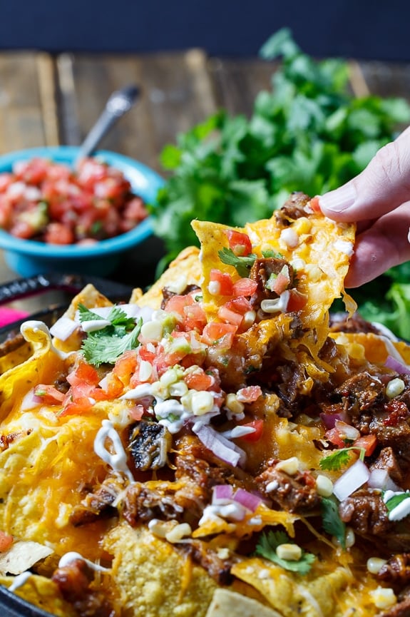 BBQ Brisket Nachos- perfect for game day and a great way to use up leftover brisket.