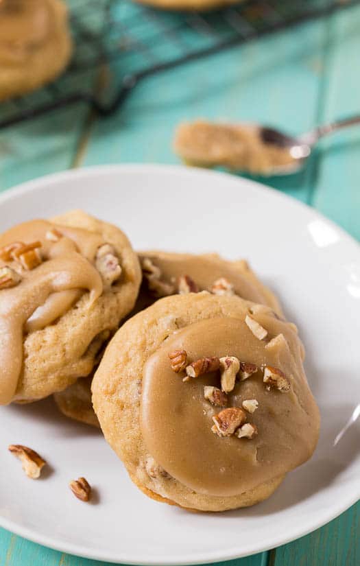 Caramel Frosted Brown Sugar Cookies with pecans