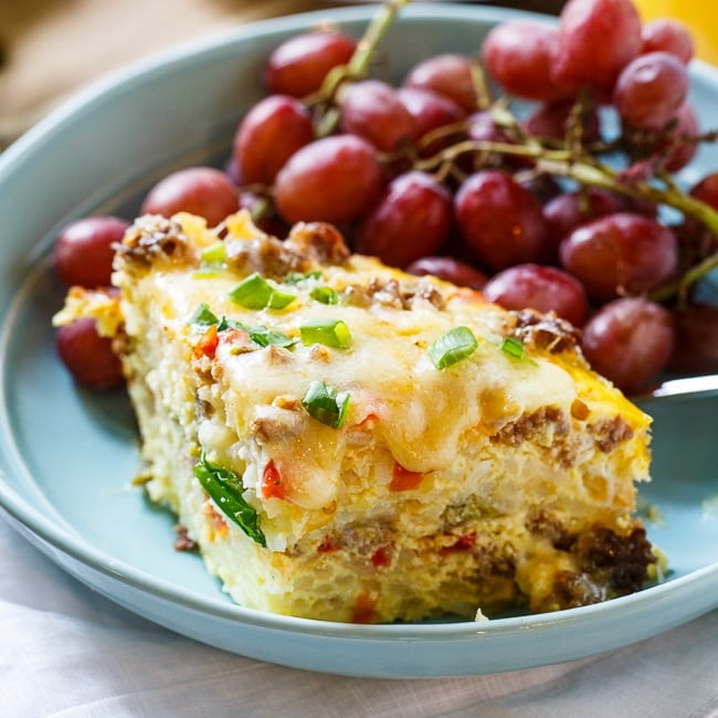 Spicy Crock Pot Brunch Casserole with sausage and hashbrowns.