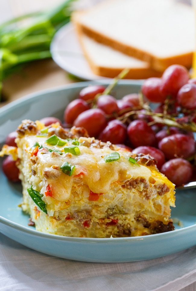 Spicy Crock Pot Brunch Casserole with sausage and hash browns.