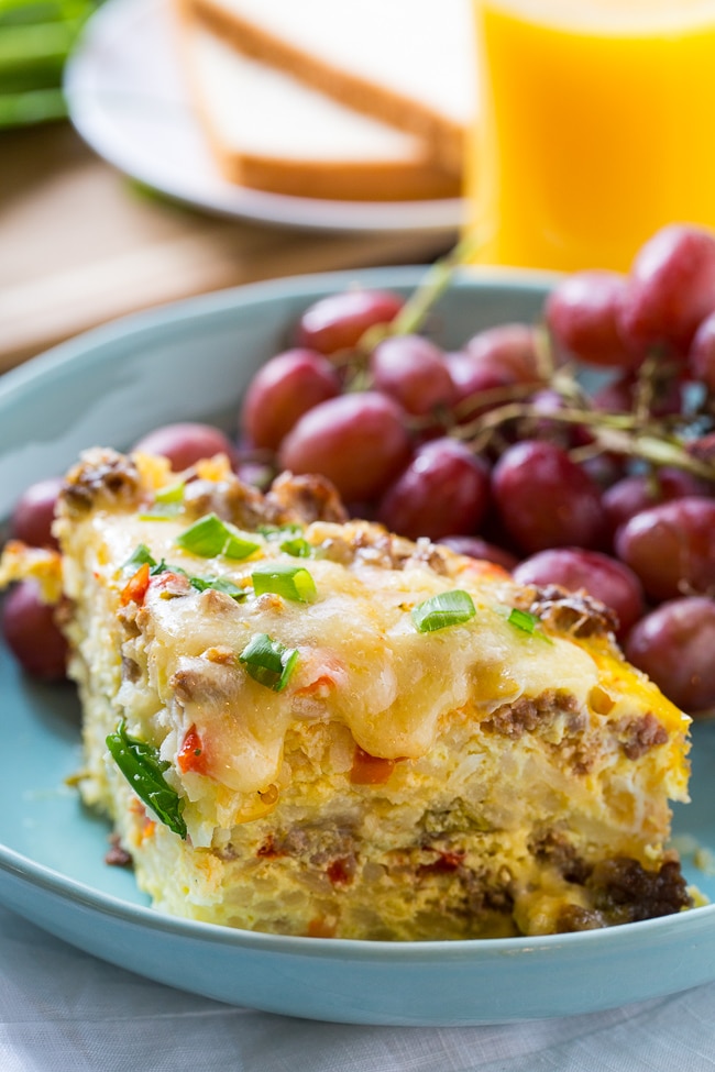 Spicy Crock Pot Brunch Casserole with sausage and hash browns