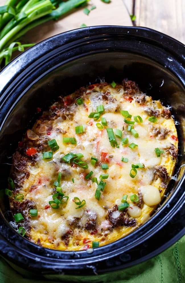 Spicy Crock Pot Brunch Casserole with sausage and hash browns.