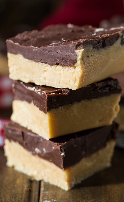 Buckeye Fudge with a layer of peanut butter topped with chocolate.